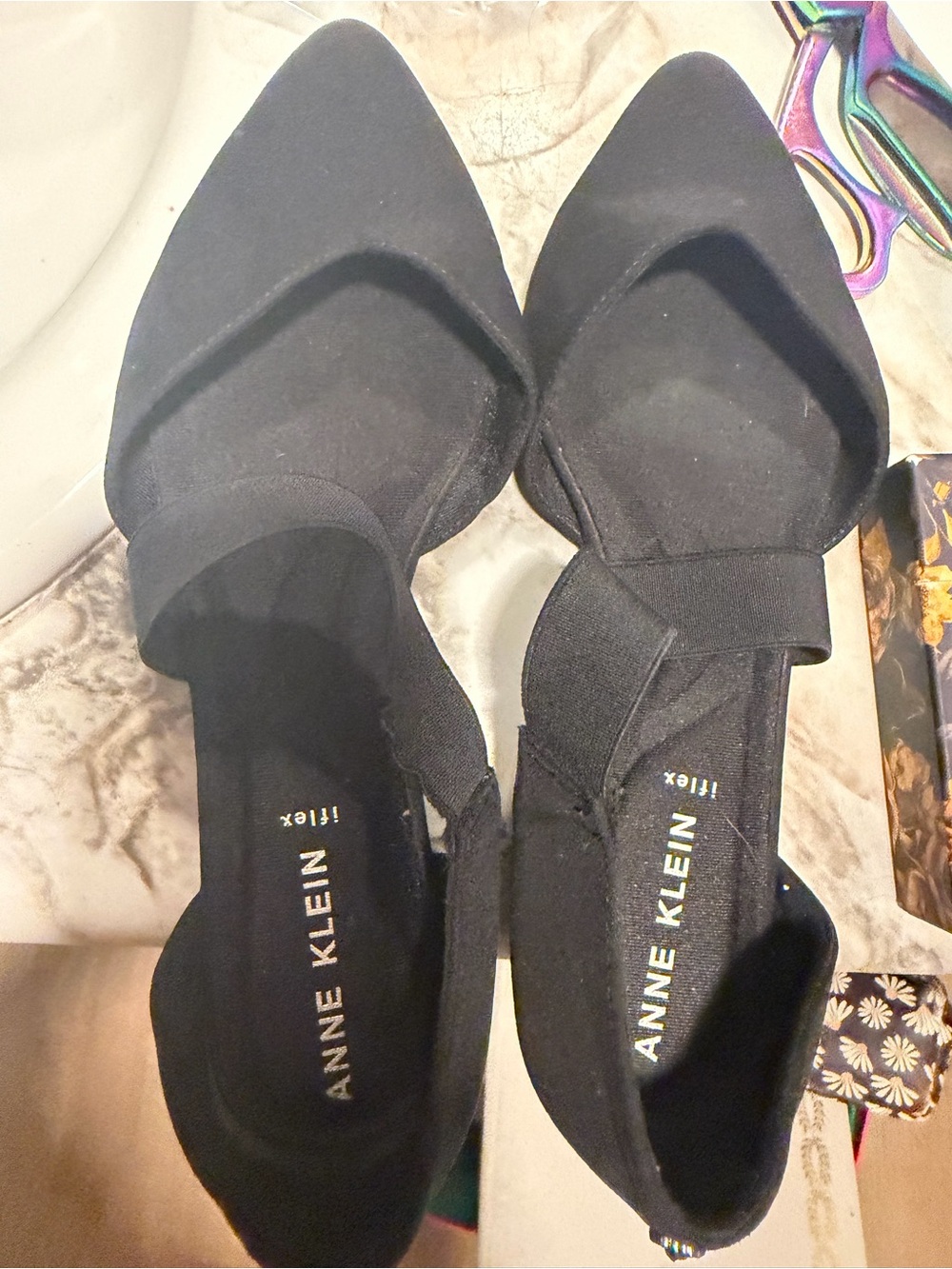 Anne Klein Black Pointed D'Orsay Flats with Elastic Strap